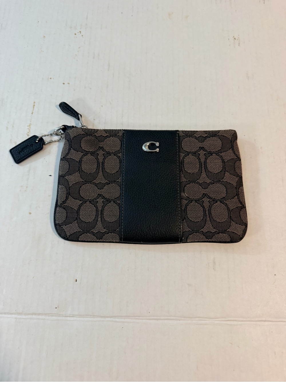 Coach Brown Signature Canvas Wristlet with Black Leather Trim